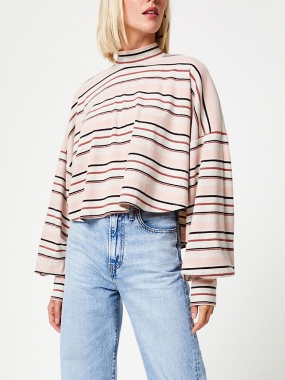 Free People Steph Striped Long-Sleeve Mock Neck Top
